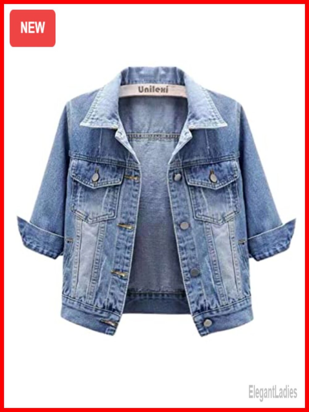 Womens Cropped Denim Jacket 3/4 Sleeve Button Down Trucker Jean Coat